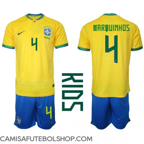 Camisolas de futebol Brasil Marquinhos 4 Criança Equipamento Principal  World Cup 2022 Manga Curta